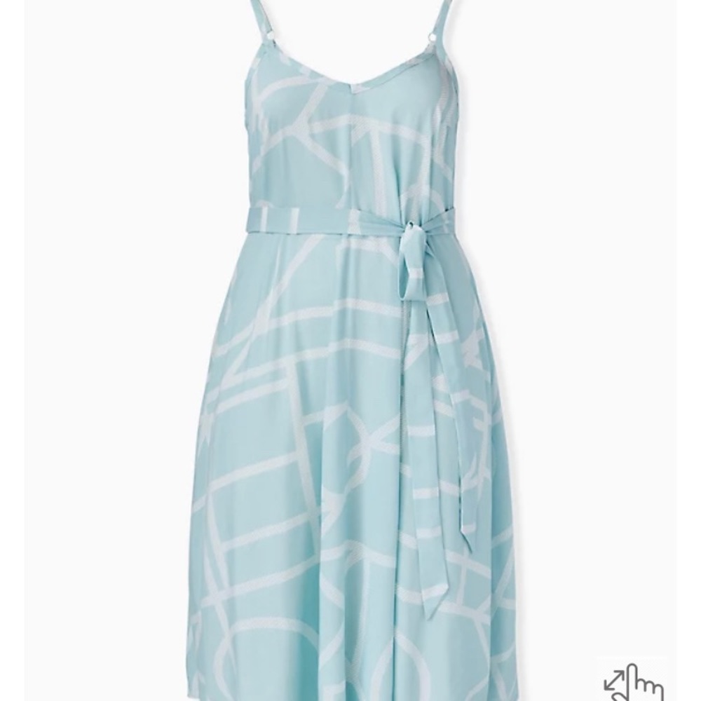 TORRID MINT BLUE GEO CHALLIS SELF TIE MIDI TRAPEZE DRESS